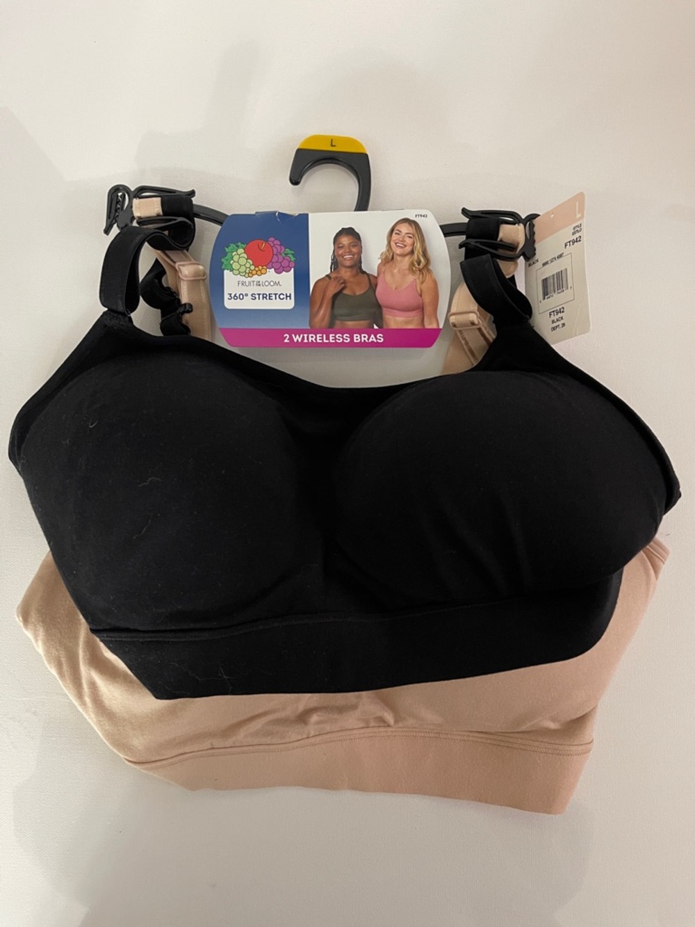Fruit of the Loom 2-Pack Wireless Bralettes - Black & Nude - Size L - NWT